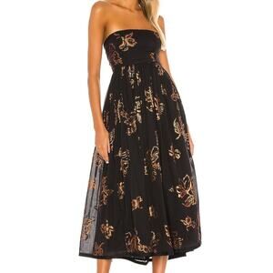 NWT Free People Baja Babe Strapless Black w/ Metallic Rose Midi Dress Small